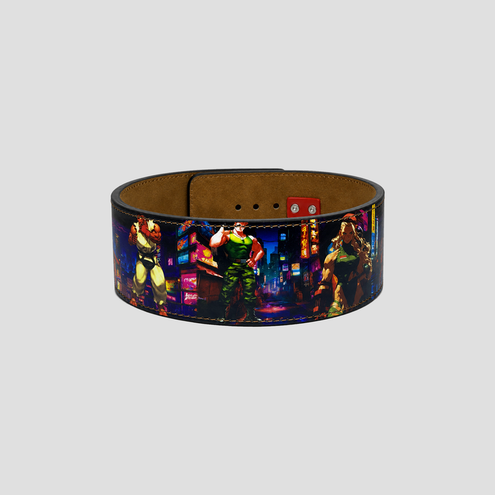 HIT N FIT 10mm Street Fighter powerlifting lever belt featuring vibrant character artwork, red lever buckle and brown suede interior.