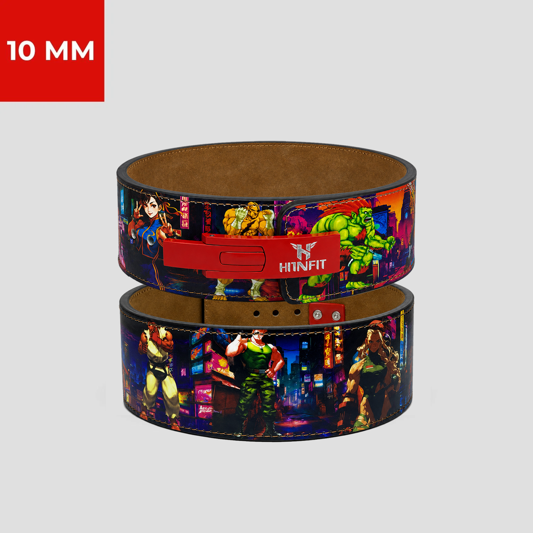 HIT N FIT 10mm Street Fighter lever powerlifting belt with red lever buckle and multicolour character artwork.
