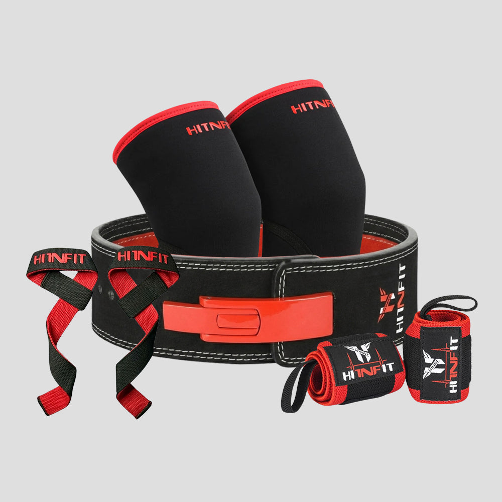 HIT N FIT 10mm lever powerlifting belt bundle with red lever buckle, knee sleeves, wrist wraps and lifting straps.