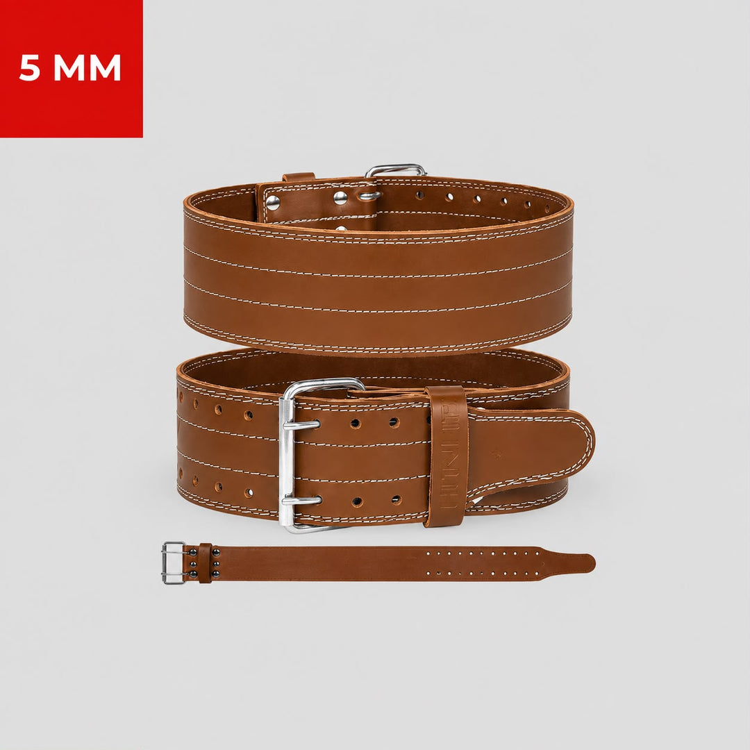 HIT N FIT 5mm brown double prong powerlifting belt with white stitching and silver buckle.