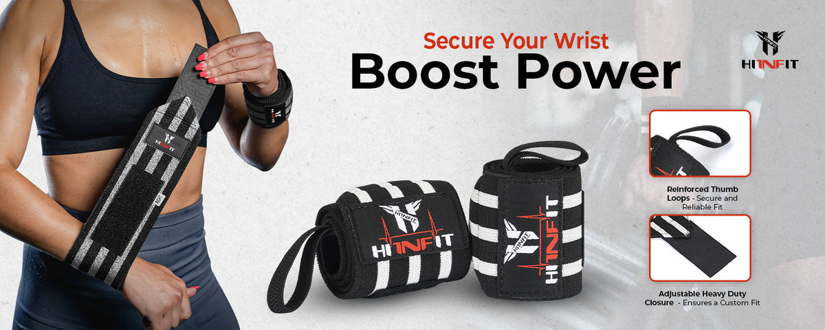 A promotional product image for HINFIT wrist wraps. On the left, a woman is shown wearing a black and white striped wrist wrap.