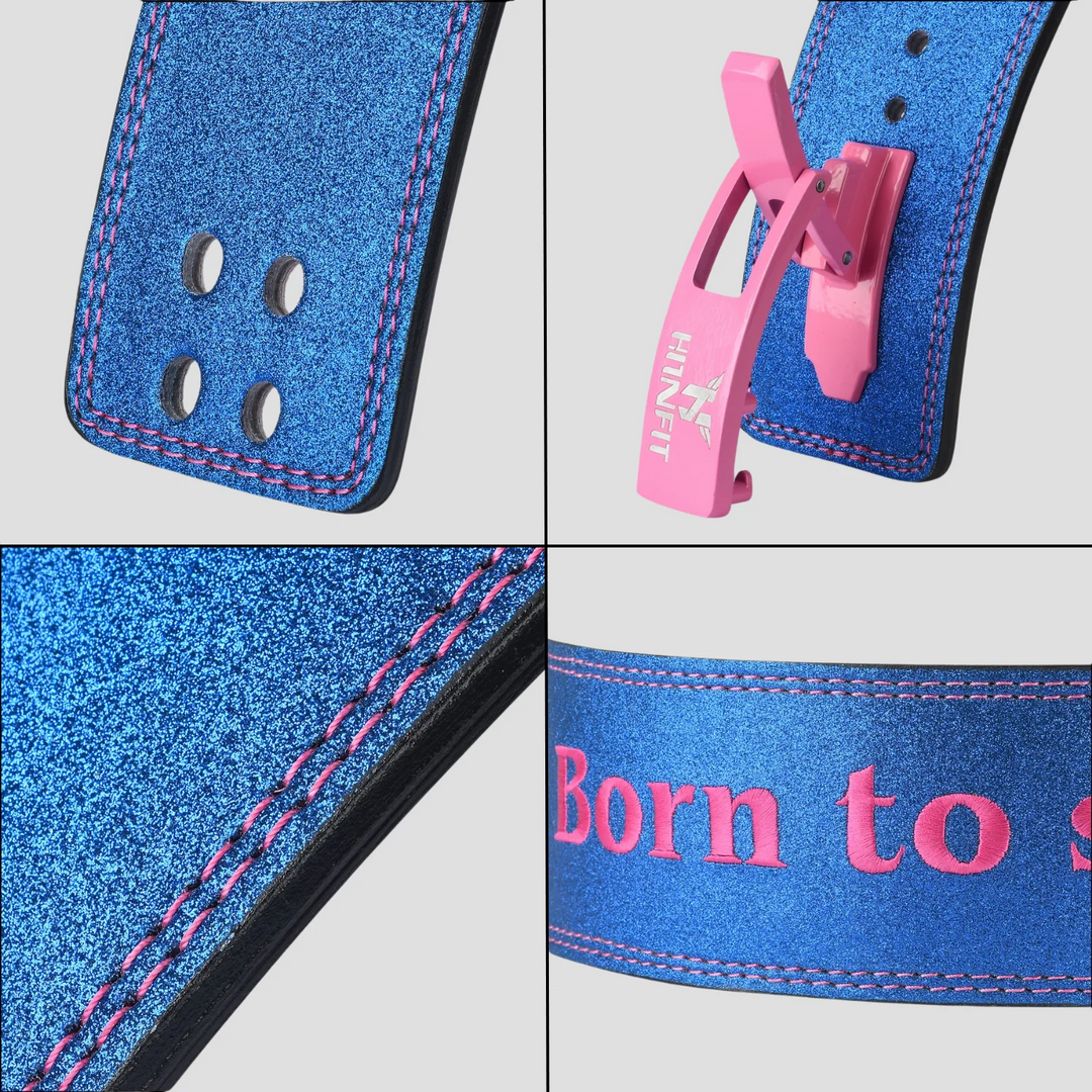 Close-up details of HIT N FIT 10mm blue and pink “Born to Squat” lever powerlifting belt with pink stitching and lever buckle.