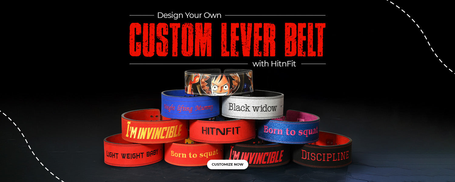 Custom lever belts with various designs and text on a dark background