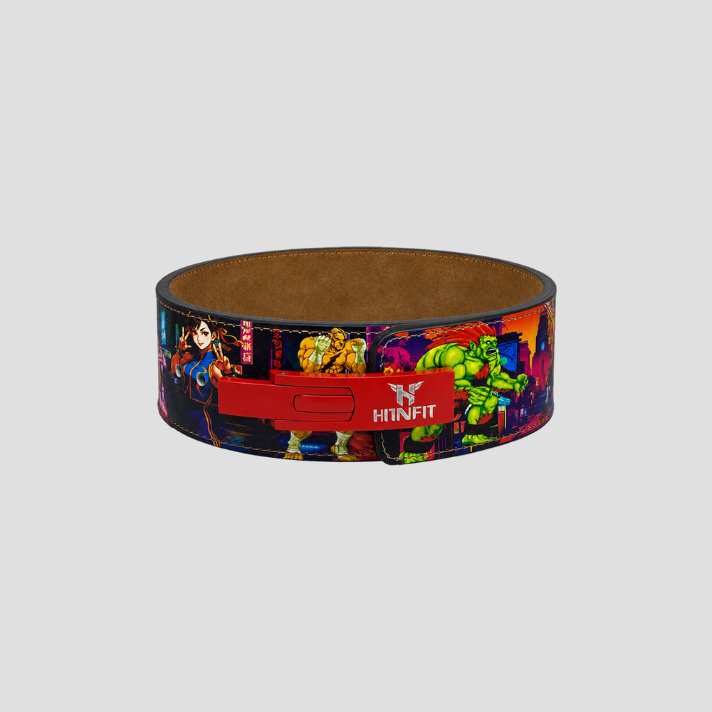 Front view of HIT N FIT 10mm Street Fighter lever powerlifting belt with red lever buckle and brown suede inner lining.