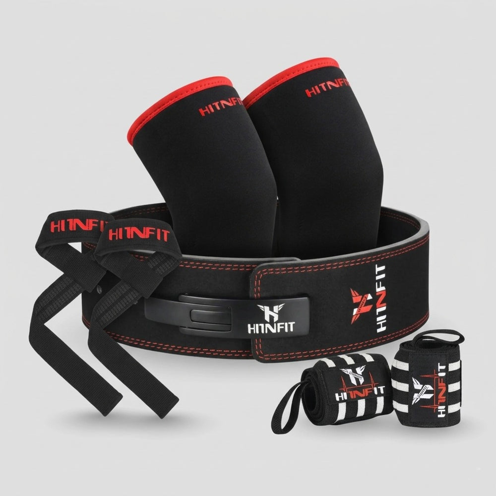 HIT N FIT 10mm adjustable lever powerlifting belt bundle with knee sleeves, lifting straps and wrist wraps in black and red.