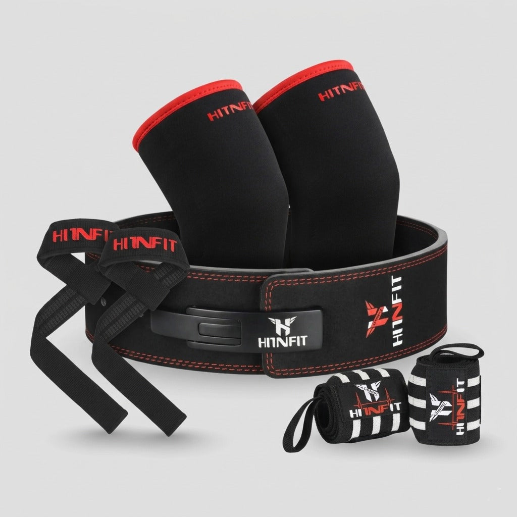 HIT N FIT 10mm adjustable lever powerlifting belt bundle with knee sleeves, lifting straps and wrist wraps in black and red.