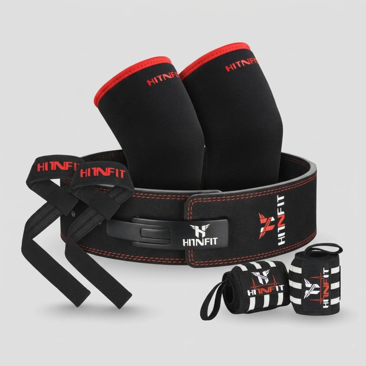 HIT N FIT 10mm adjustable lever powerlifting belt bundle with knee sleeves, lifting straps and wrist wraps in black and red.