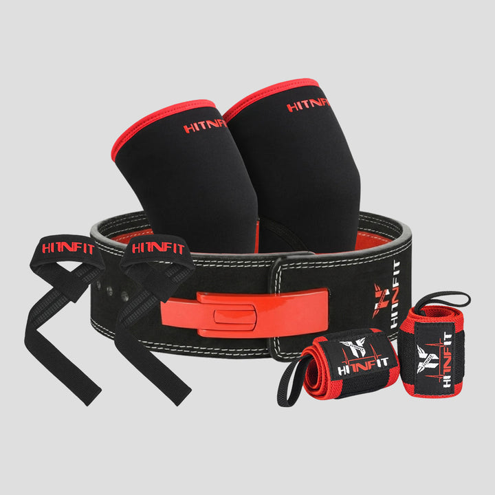 HIT N FIT 10mm black lever powerlifting belt bundle with red lever buckle, knee sleeves, wrist wraps and lifting straps.