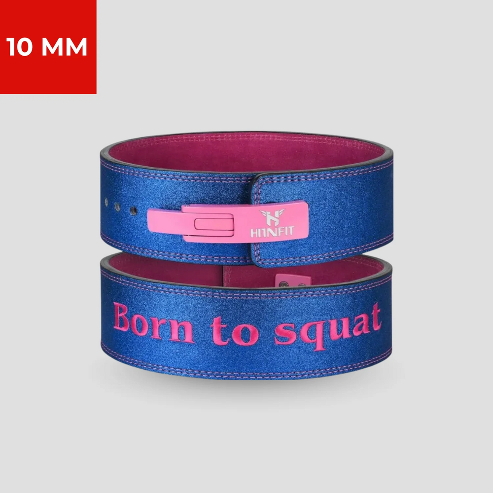 HIT N FIT 10mm blue and pink “Born to Squat” lever powerlifting belt with pink buckle and pink suede interior.