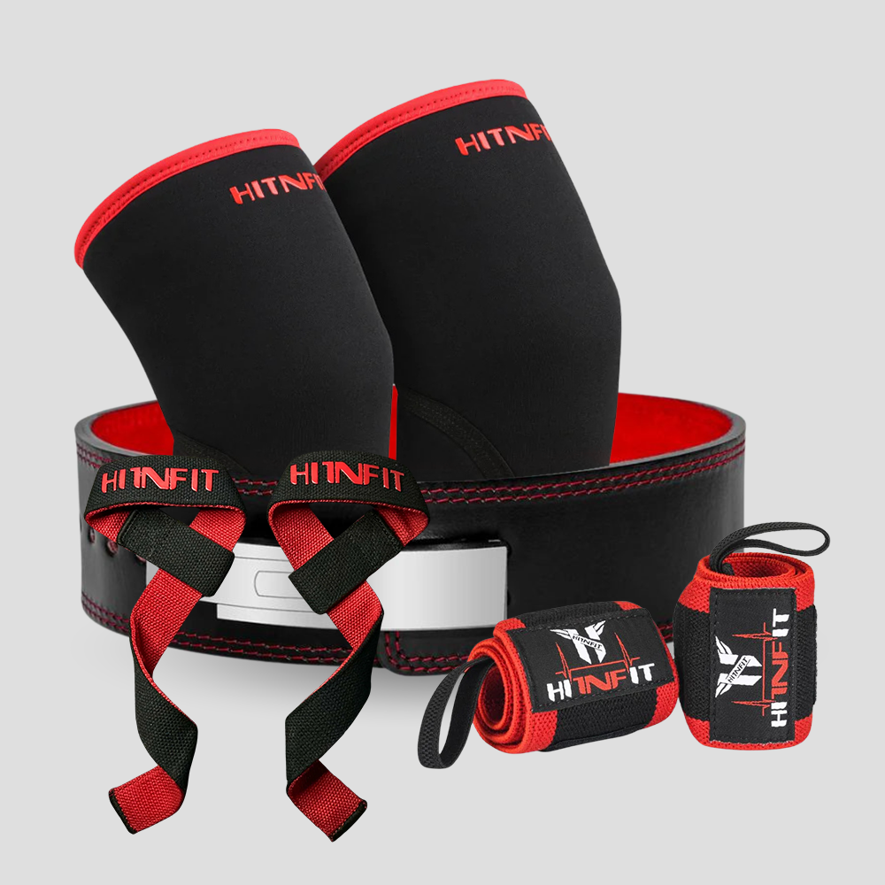 HIT N FIT 10mm lever powerlifting belt bundle with black and red knee sleeves, lifting straps and wrist wraps.