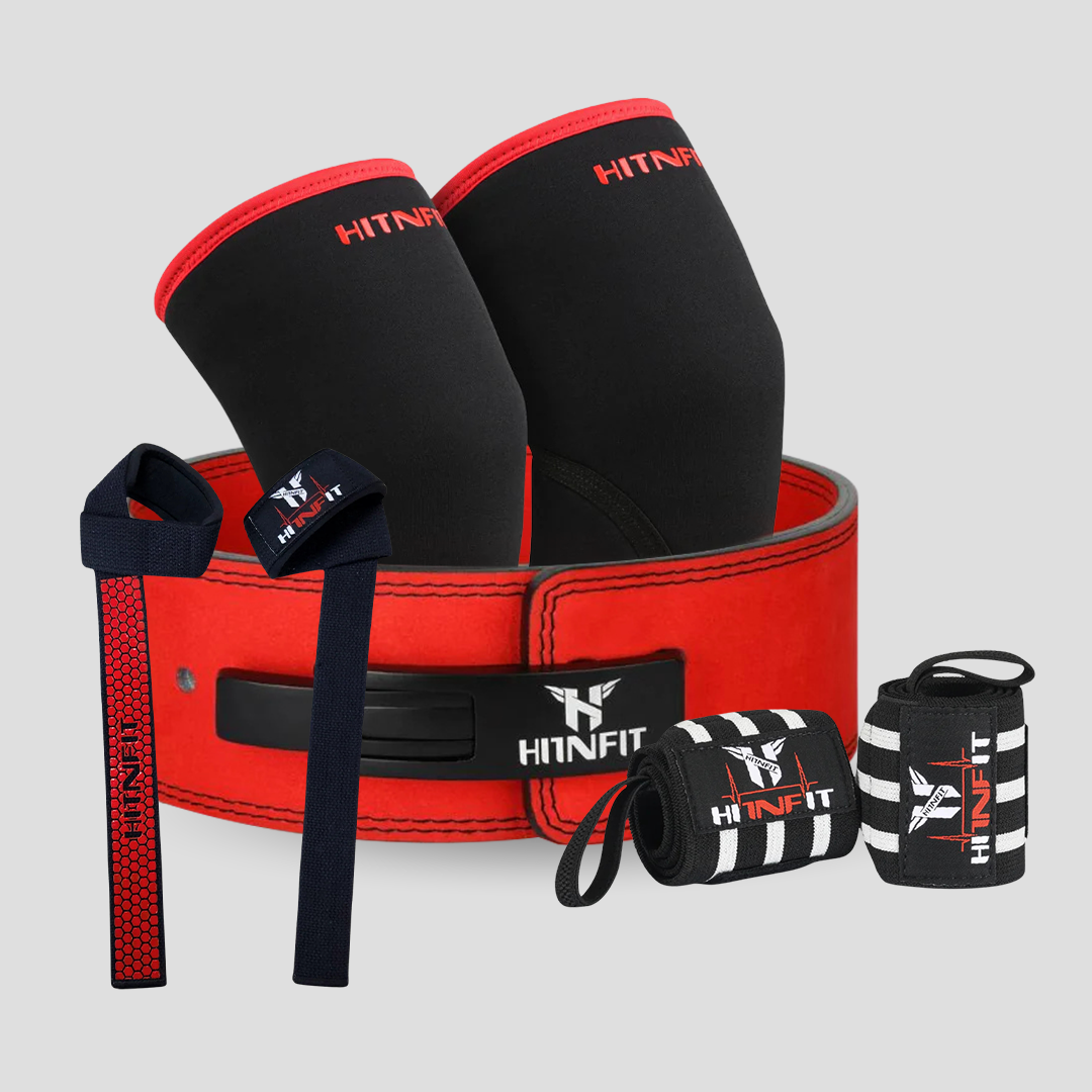 HIT N FIT 10mm red and black lever powerlifting belt bundle with knee sleeves, wrist wraps and lifting straps.