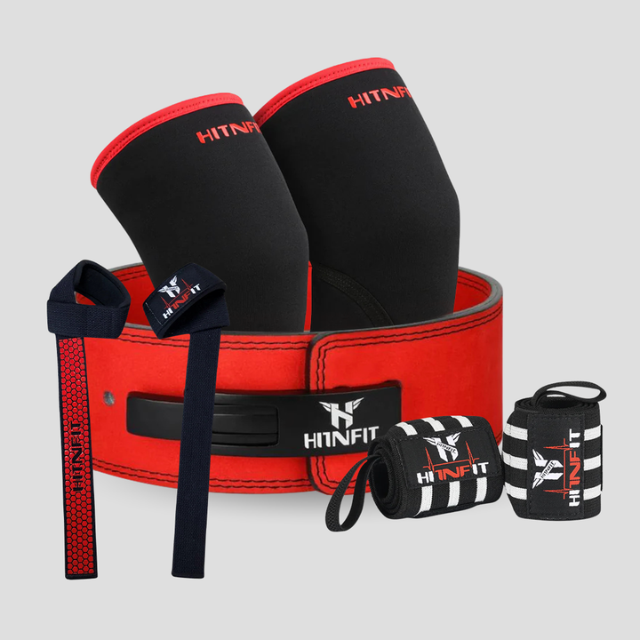 HIT N FIT 10mm red and black lever powerlifting belt bundle with knee sleeves, wrist wraps and lifting straps.