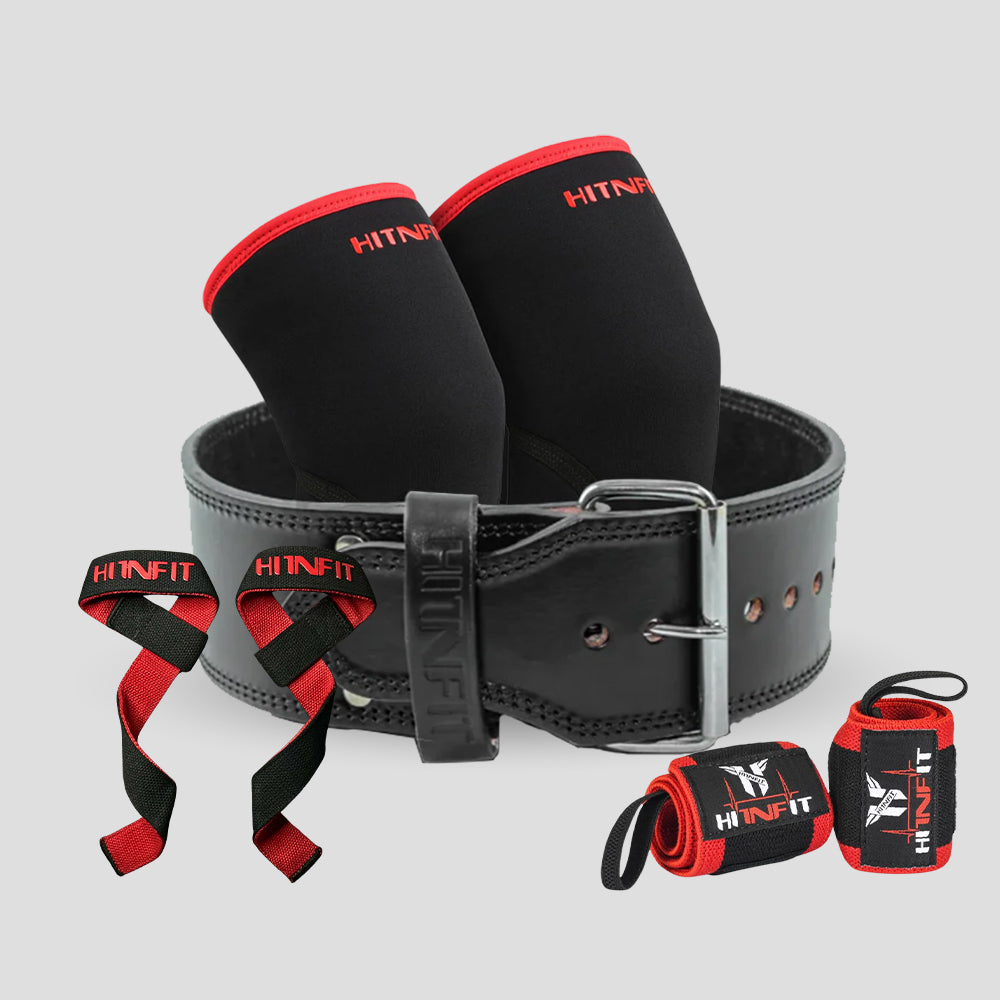 HIT N FIT 10mm single prong powerlifting belt bundle with black and red knee sleeves, wrist wraps and lifting straps.