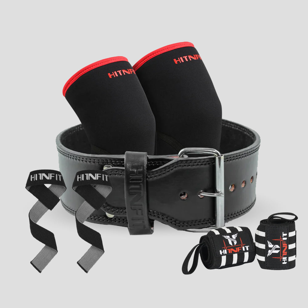 HIT N FIT 10mm single prong powerlifting belt bundle with black knee sleeves, lifting straps and wrist wraps.