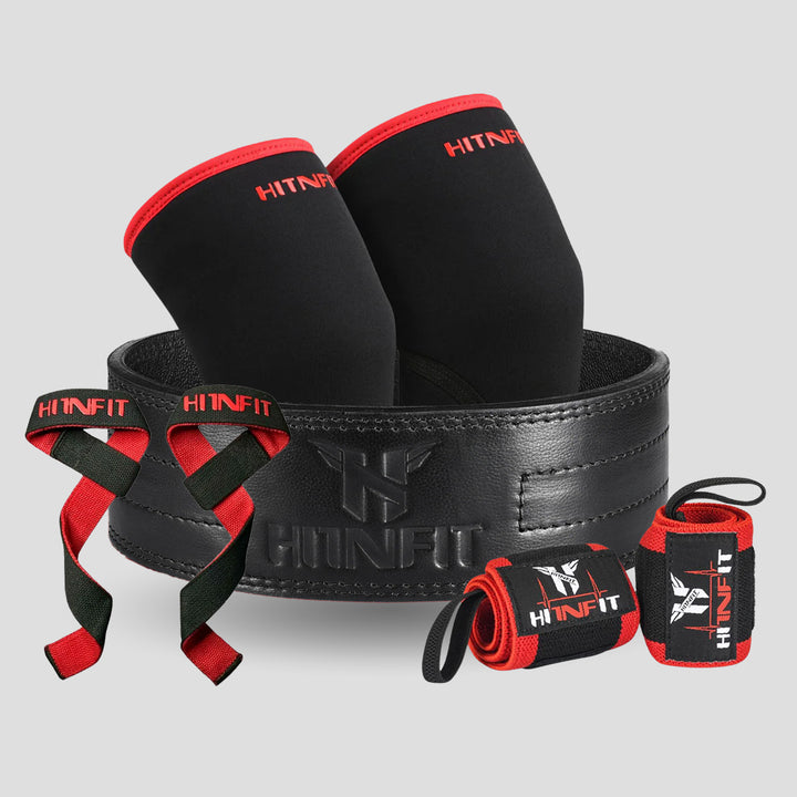 HIT N FIT 10mm single prong powerlifting belt bundle with knee sleeves, wrist wraps and lifting straps in black and red.