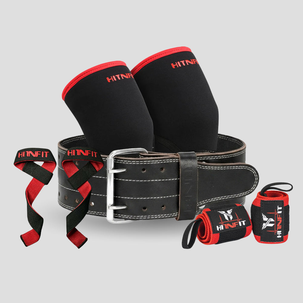 HIT N FIT 5mm double prong powerlifting belt bundle with black and red knee sleeves, wrist wraps and lifting straps.