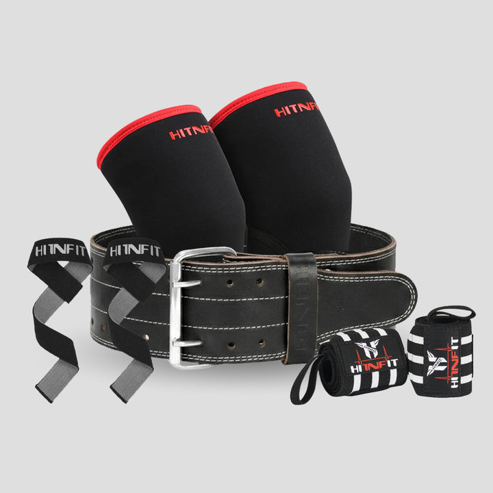 HIT N FIT 5mm double prong powerlifting belt bundle with knee sleeves, wrist wraps and lifting straps in black.