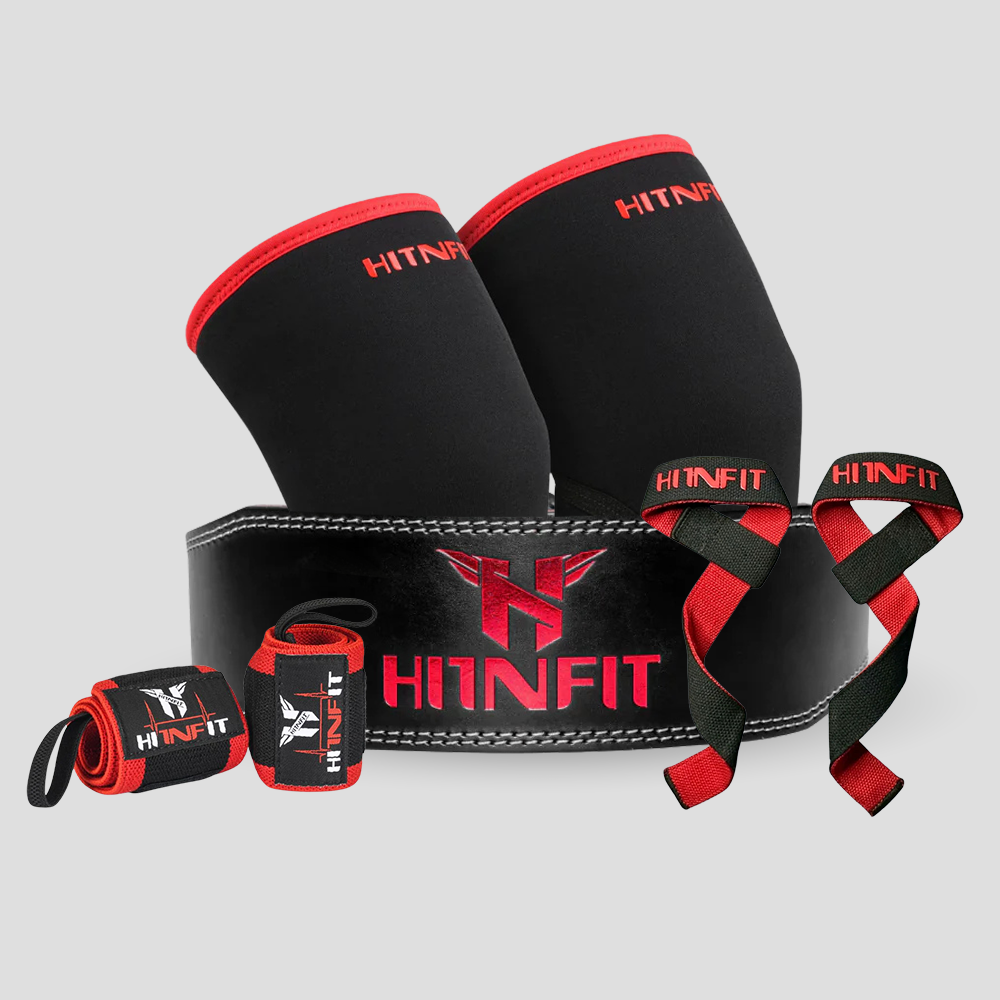 HIT N FIT Classic Weightlifting Belt Bundle including leather belt, wrist wraps, knee sleeves and lifting straps.
