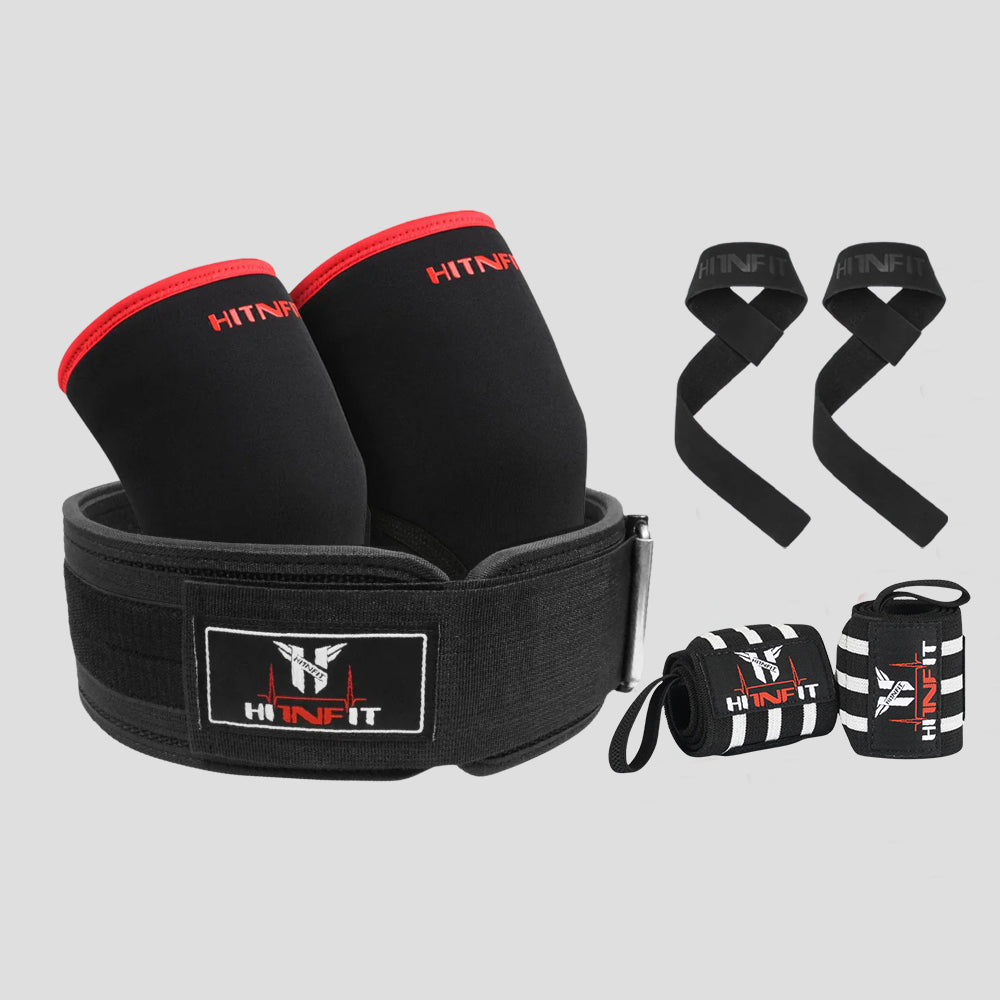 HIT N FIT Weightlifting Quick Lock Belt Bundle with black and red knee sleeves, black lifting straps and striped wrist wraps.