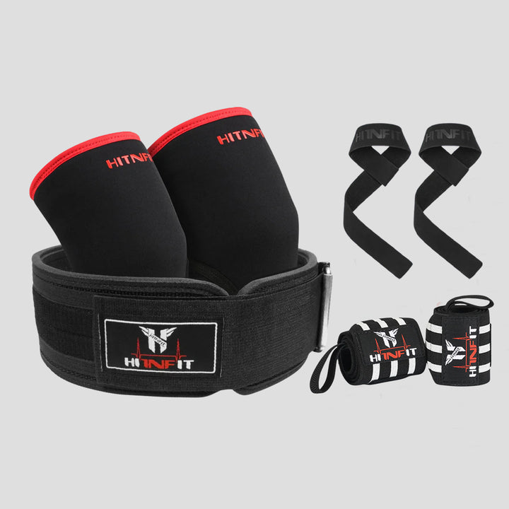 HIT N FIT Weightlifting Quick Lock Belt Bundle with black and red knee sleeves, black lifting straps and striped wrist wraps.