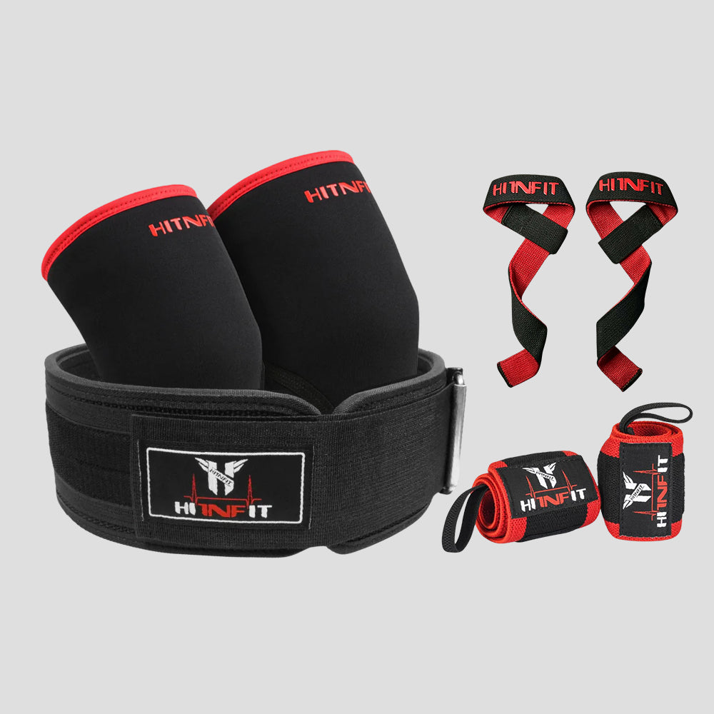HIT N FIT Weightlifting Quick Lock Belt Bundle with black and red knee sleeves, wrist wraps and lifting straps.