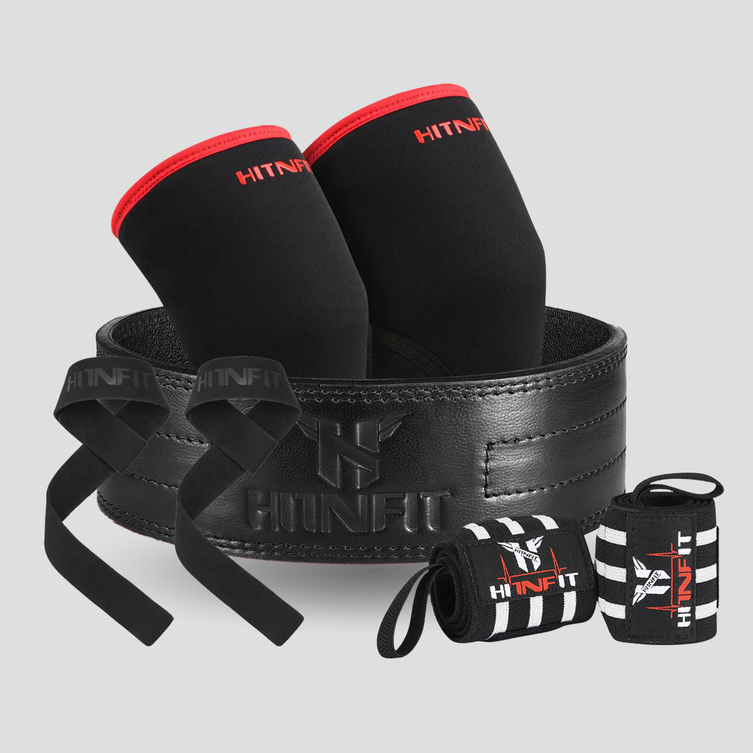 HIT N FIT all-black classic weightlifting belt bundle with black and red knee sleeves, black lifting straps and striped wrist wraps.