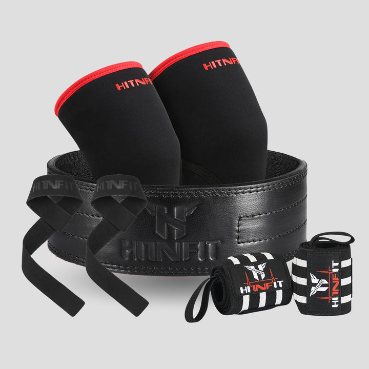 HIT N FIT all-black classic weightlifting belt bundle with black and red knee sleeves, black lifting straps and striped wrist wraps.