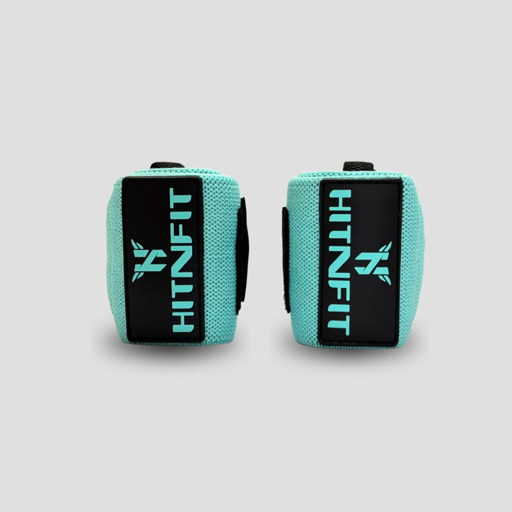 HIT N FIT aqua weightlifting wrist wraps with black branded patches and adjustable fastening.