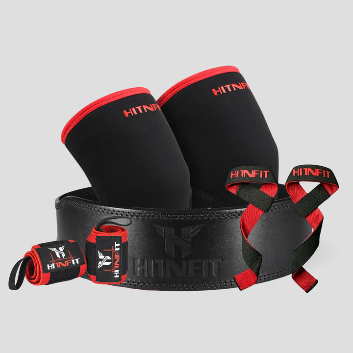 HIT N FIT black and red classic weightlifting belt bundle with knee sleeves, wrist wraps and lifting straps.