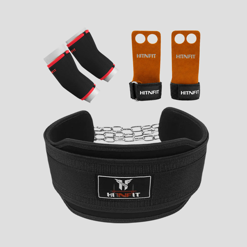 HIT N FIT black dip belt bundle with chain, black and red elbow sleeves and brown leather weightlifting grips.