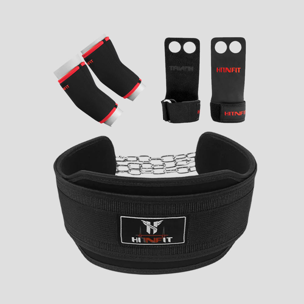 HIT N FIT black dip belt bundle with chain, black and red elbow sleeves and leather weightlifting grips.