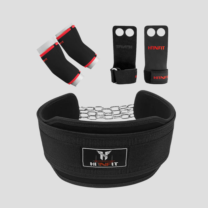 HIT N FIT black dip belt bundle with chain, black and red elbow sleeves and leather weightlifting grips.