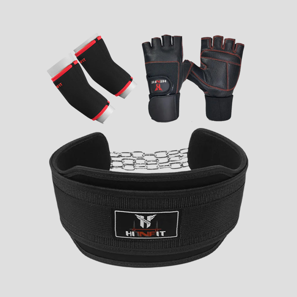HIT N FIT black dip belt bundle with metal chain, black and red elbow sleeves and black weightlifting gloves.