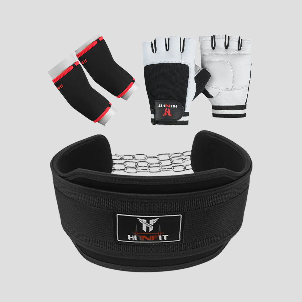 HIT N FIT black dip belt bundle with metal chain, black and red elbow sleeves and white weightlifting gloves.