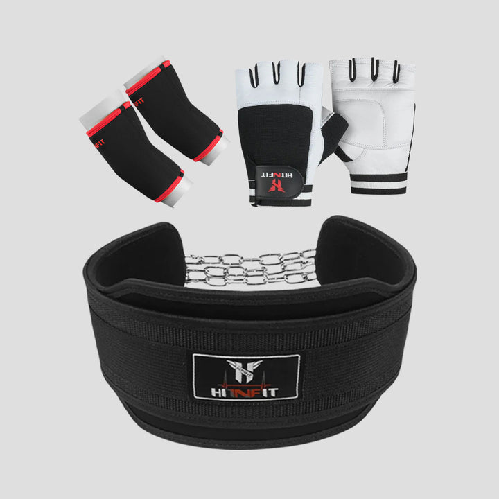 HIT N FIT black dip belt bundle with metal chain, black and red elbow sleeves and white weightlifting gloves.