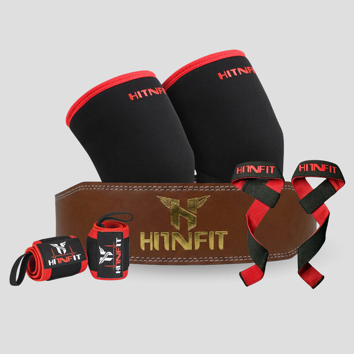 HIT N FIT brown leather weightlifting belt bundle with black and red knee sleeves, wrist wraps and lifting straps.