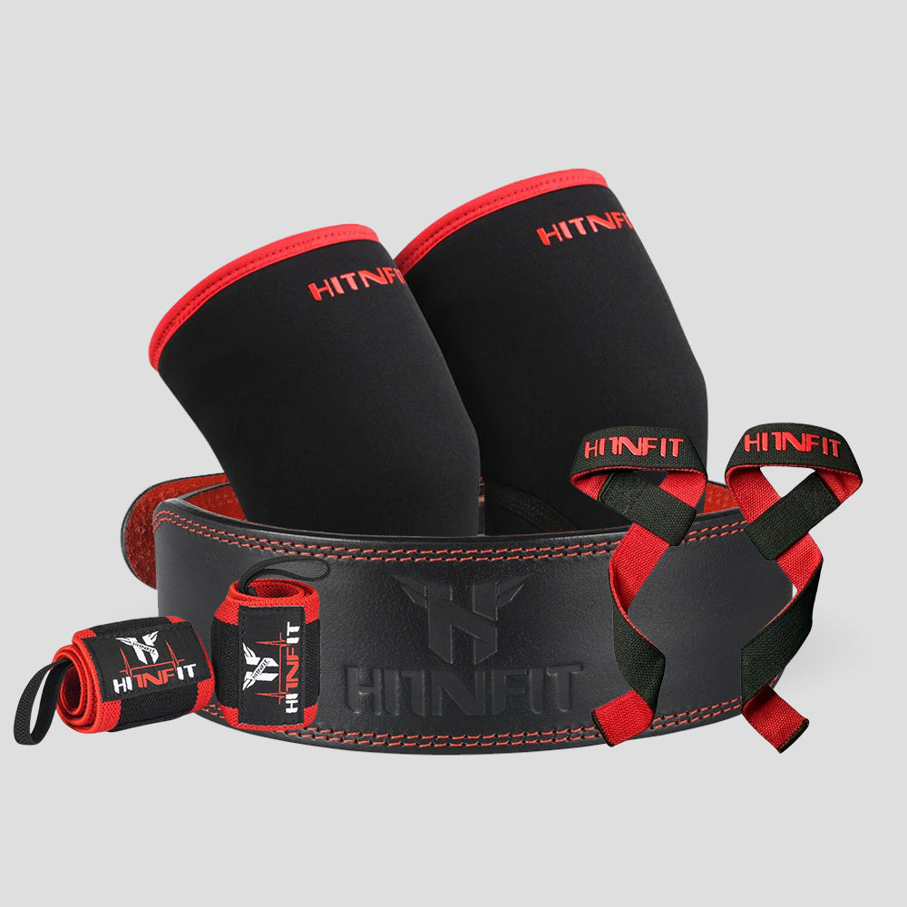 HIT N FIT classic black weightlifting belt bundle with red stitching, knee sleeves, wrist wraps and lifting straps.