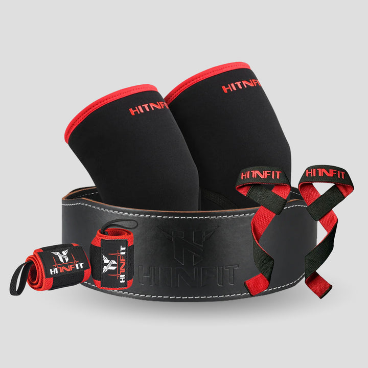 HIT N FIT classic black weightlifting belt bundle with white stitching, black and red knee sleeves, wrist wraps and lifting straps.