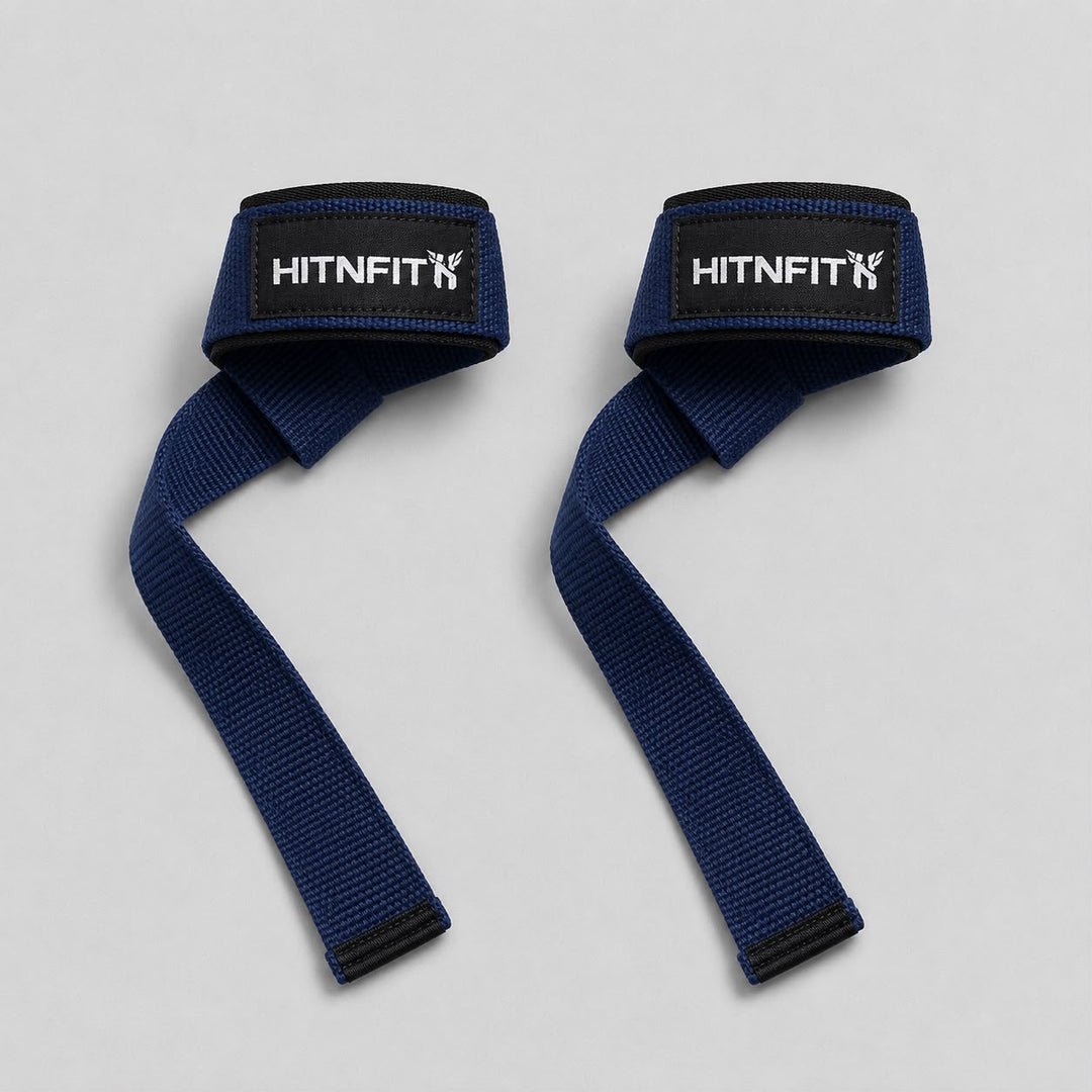 HIT N FIT navy blue padded lifting straps with black wrist support and branded patches.