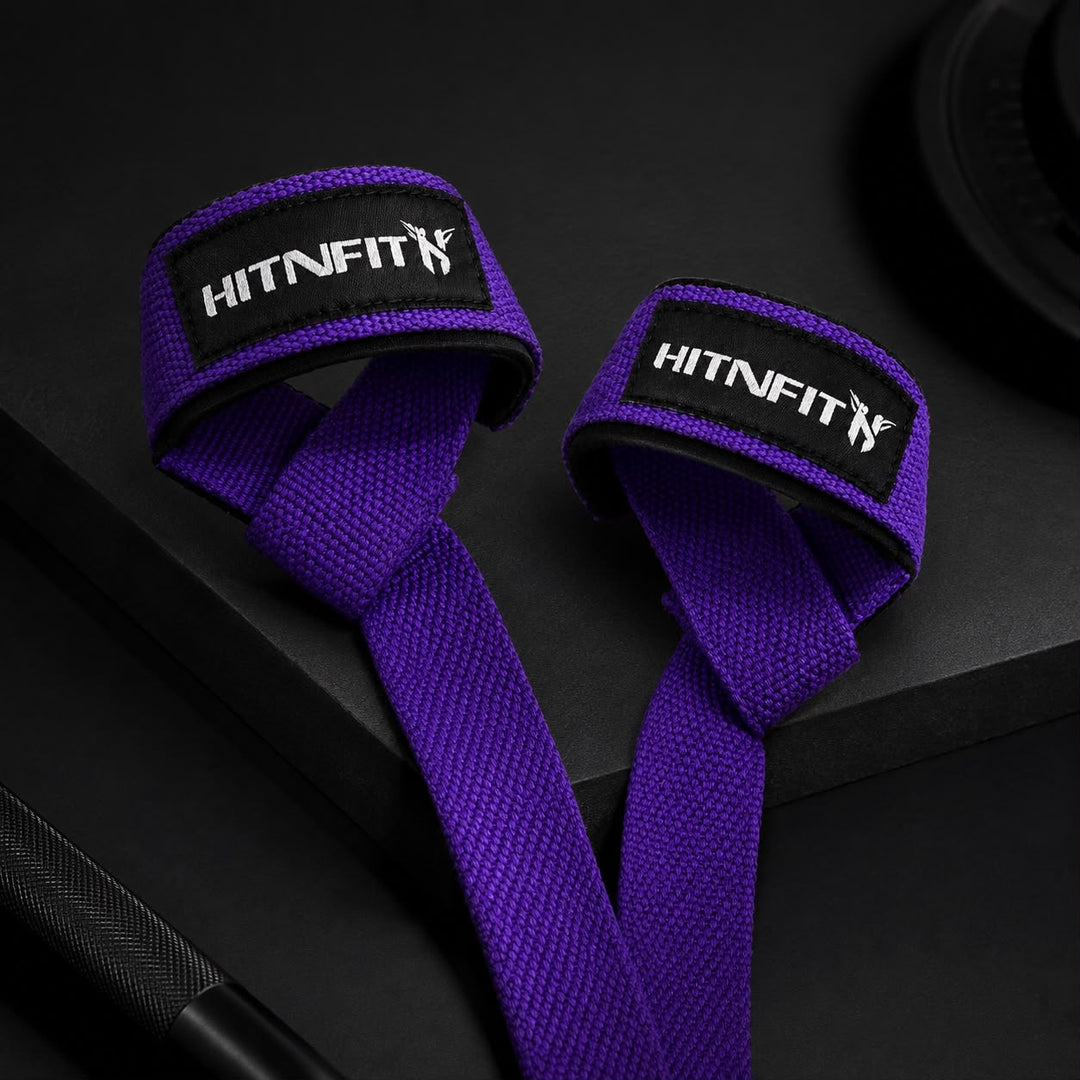 HIT N FIT purple padded lifting straps with black wrist support and branded patches.