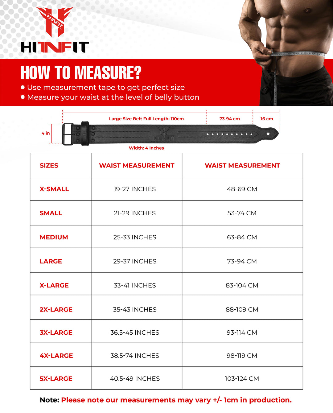 Single Prong Powerlifting Belt Size Chart