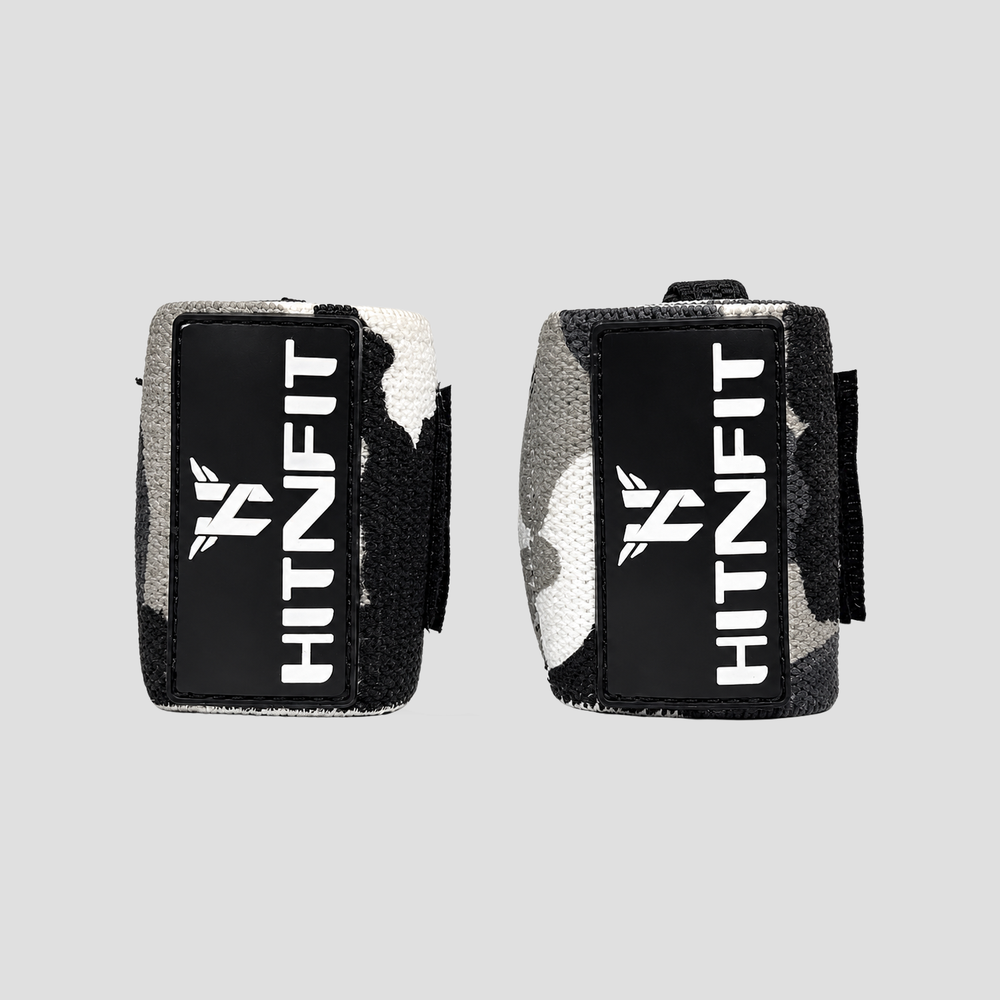 Two black wrist wraps with a white and gray