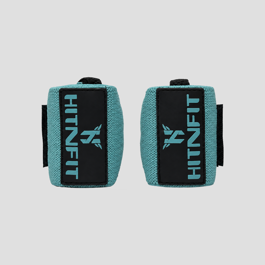 HIT N FIT 18-inch heavy weightlifting wrist wraps in aqua with black branded patches.