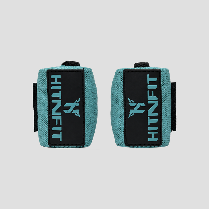 HIT N FIT 18-inch heavy weightlifting wrist wraps in aqua with black branded patches.