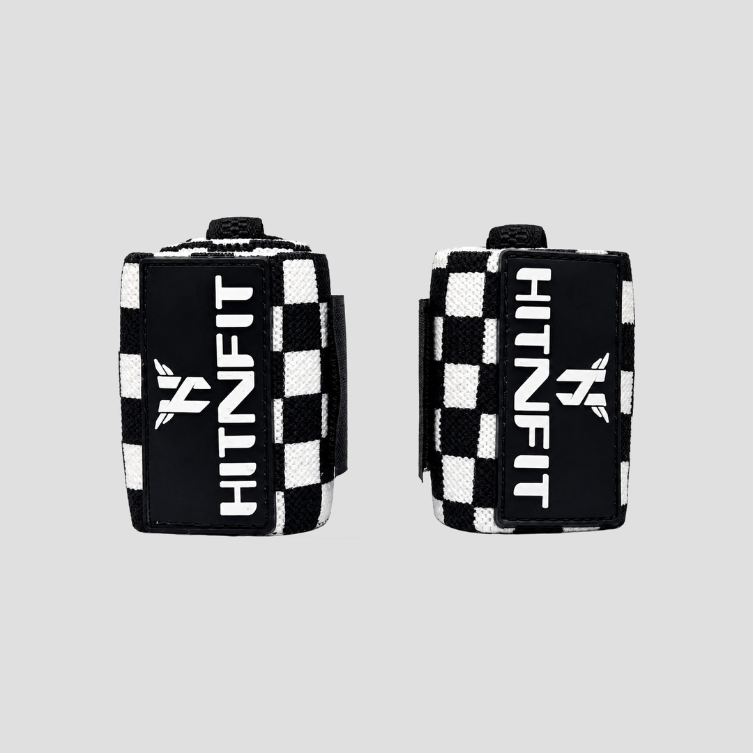HIT N FIT 18-inch medium weightlifting wrist wraps in a black and white checkered design.