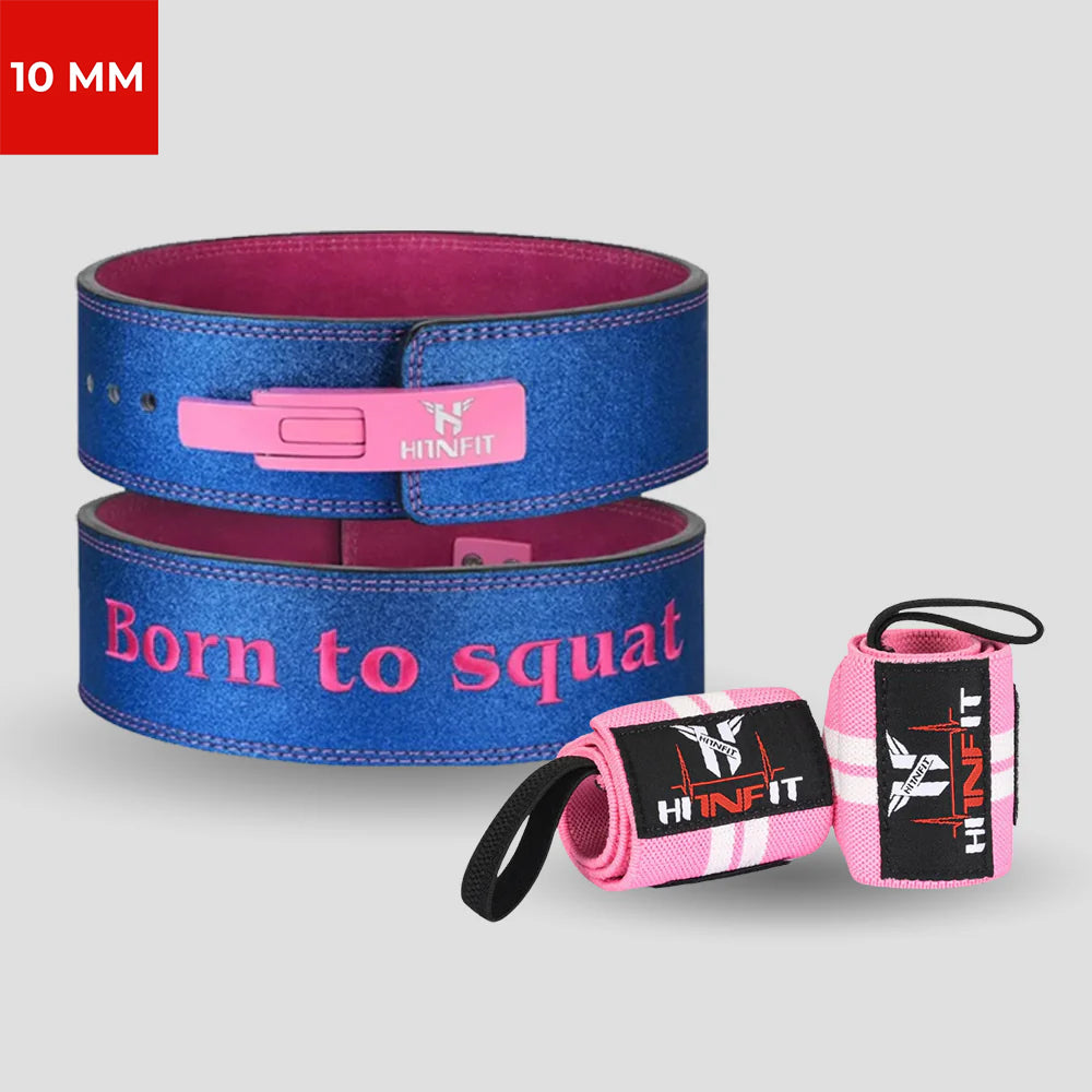 HIT N FIT 10mm blue and pink “Born to Squat” lever powerlifting belt with matching pink wrist wraps.