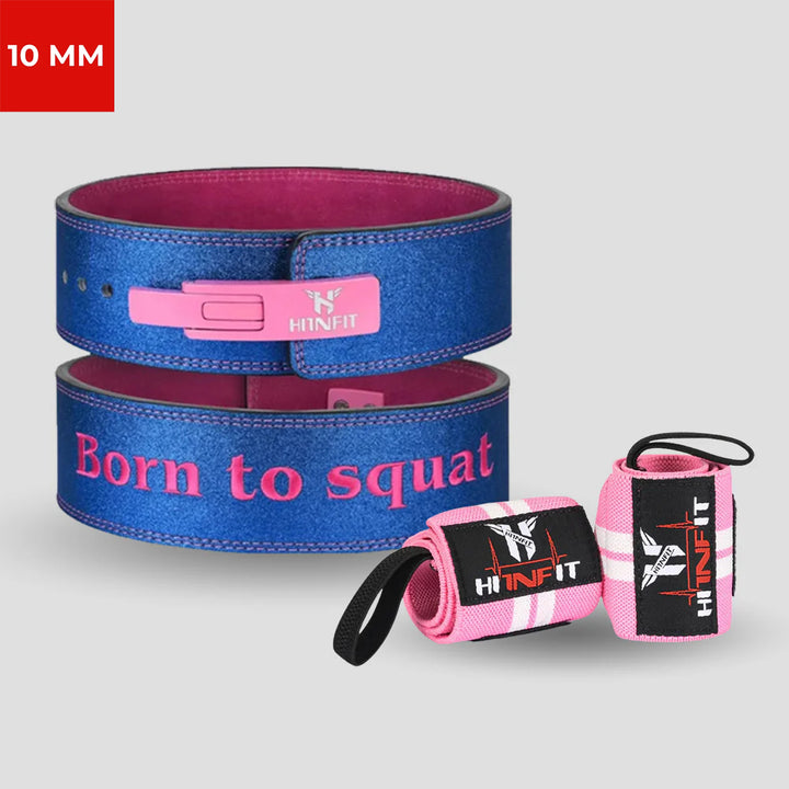 HIT N FIT 10mm blue and pink “Born to Squat” lever powerlifting belt with matching pink wrist wraps.